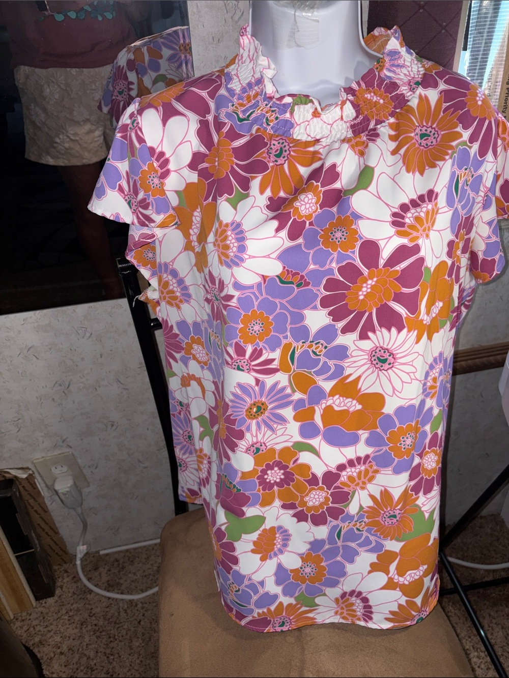 Smocked Ruffle Floral Blouse in White with Pink, Purple & Orange Flowers